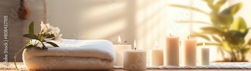 Cosmetic cream bottle mockup in a spa setting with candles and towels, creating a relaxing and serene atmosphere