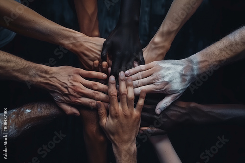 Hands of various races and ethnicities come together  united in a powerful display against discrimination. Each hand represents a unique individual. Generative AI.