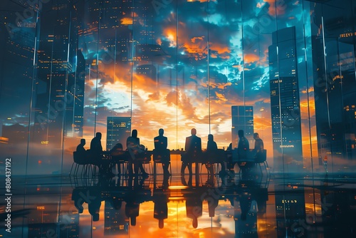 Futuristic cityscape with leaders in a roundtable discussion, the rooms glass ceiling showing a dizzying upsidedown sky