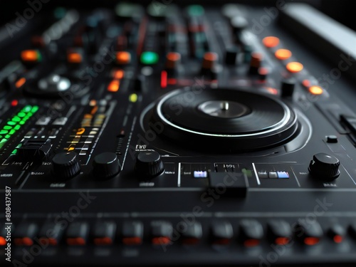Close-up background of professional DJ equipment. Design for poster, banner, web.