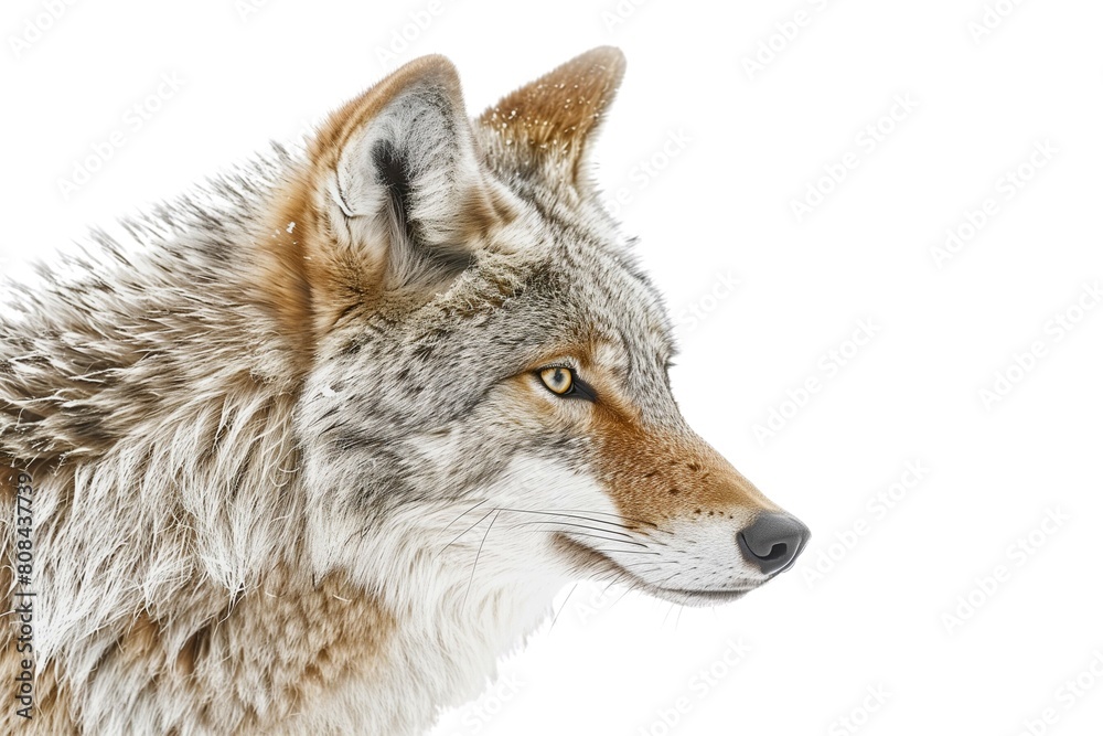 Intriguing close-up shot revealing the intricate details of a coyote's face against a clean white background