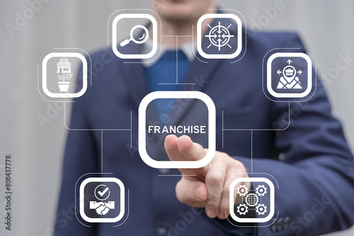Franchise business concept. Franchise network business marketing plan for branch growth and expansion. Successful business franchising model and marketing strategies.
