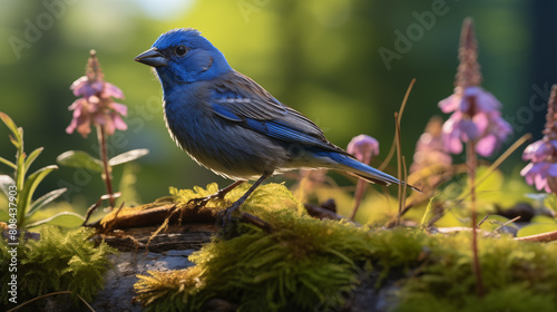 Double Exposure Indigo Bunting illustration in front of a forest ~ Created using Generative AI