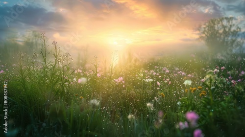  picturesque sunrise over a lush green meadow  with wildflowers in full bloom and dewdrops glistening in the sunlight.