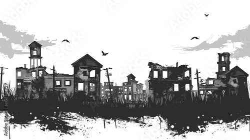 Monochrome cityscape ruins sketch, abandoned buildings, flying birds, grunge texture, postapocalyptic scene. Black white urban destruction illustration, desolate town, eerie atmosphere, dilapidated