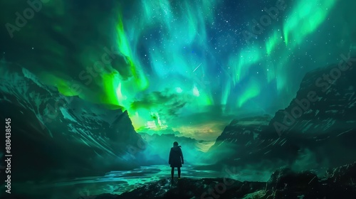  university student, captivated by the mesmerizing dance of the aurora borealis, standing in awe beneath the celestial spectacle, their report paper forgotten in their hand, photo