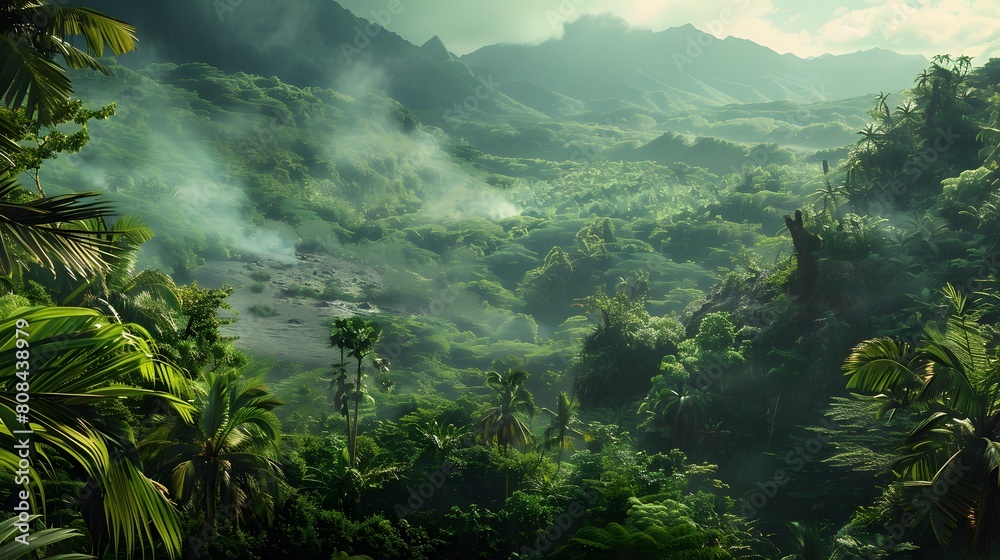 Fototapeta premium Primeval Journey: Explore a Scene Reminiscent of Jurassic Park's Ancient Wilderness