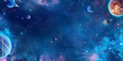 Cartoon blue space background with glowing galaxy nebula and flying rocks. Generative AI