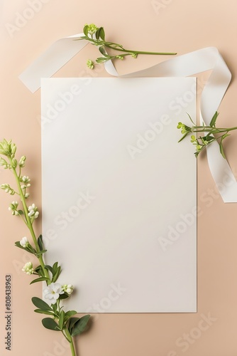 Elegant greeting card invitation isolated empty space beautified with ribbon and flower decoration