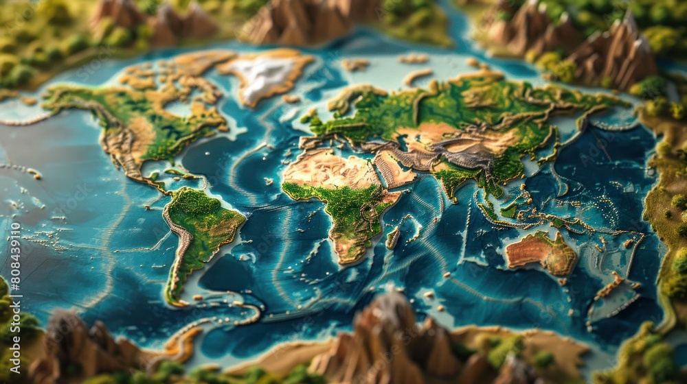 An awe-inspiring 3D world map with a vibrant color palette, emphasizing the diverse landscapes and cultures of our planet. An awe-inspiring 3D world map with a vibrant color palette, emphasizing the diverse landscapes and cultures of our planet.