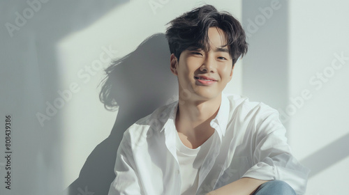 美容・脱毛・スキンケアをイメージした若い20代の笑顔で清潔感のある韓国人男性_白バック・窓際 photo