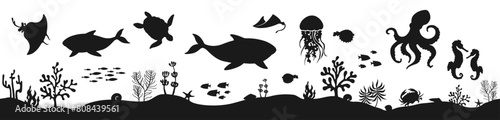 Seabed ocean floor seascape silhouette vector Illustration. Marine underwater world coral reef landscape background. Undersea bottom with animals and fish, seaweeds and corals. Underwater nautical art