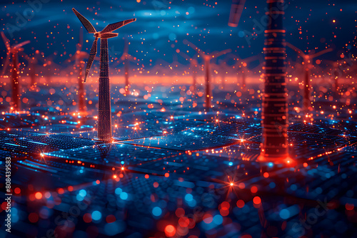 A captivating wireframe visualization featuring wind turbines and solar panels against a dark blue background, showcasing renewable energy technology