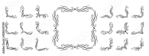 Luxury vintage frames set. Retro decorative ornamental frame corners. Classic calligraphic swirl filigree ornaments wedding elements. Decorative old frame different shapes, typographic invitation card