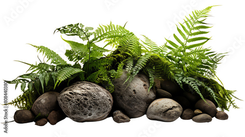 A pile of rocks with bright green ferns growing between them, on a transparent background. photo
