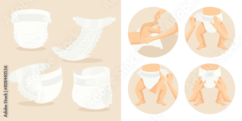 Vector Baby Diaper Illustration. Side and Top View. Infant Underwear, Stages of Changing Diaper Panties. Ultimate Guide, Step by Step Diapering Tutorial. Tips for Diapering