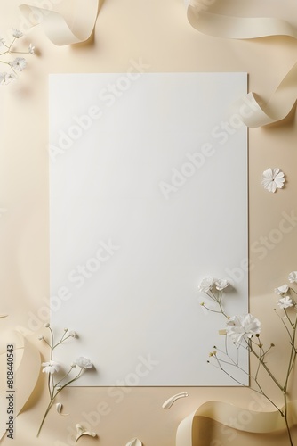 Elegant greeting card invitation isolated empty space beautified with ribbon and flower decoration