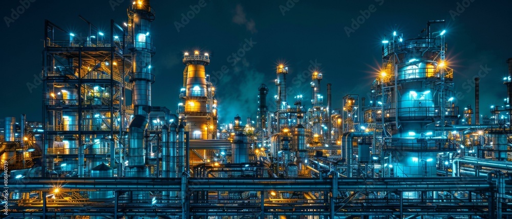 A night view of an oil refinery. AI.