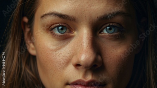 Close-up portrait of a young woman with blue eyes and freckles. AI. © serg3d