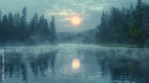 Mysterious  16384K  HD  high quality  Photoreal  Looks like it was taken with a Kodak  beautiful moon  thin fog  in the deep forest and lake  by ryo  high resolution