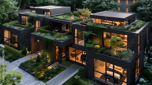 An array of contemporary black townhouses with open-concept layouts, green roofs, and private entrances surrounded by ornamental plants. photo