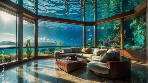 A stunning living room with a large glass window looking into a coral reef. AI.
