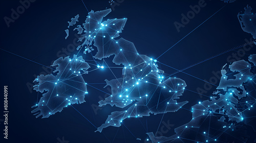 Map of United Kingdom with networks. Global communications systems and communications satellites. Connection concept.	