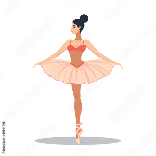 Illustration depicts female ballet dancer performing dance pose. Ballerina wearing pink tutu ballet pointe shoes engaging classical dance. Graceful posture professional dancer, performance