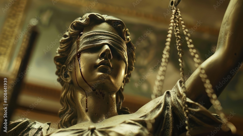 Close up view of the statue of Lady Justice, the symbolic goddess of justice carrying scales with her eyes closed.
Close up view of the statue of Lady Justice, the symbolic goddess of justice carrying scales with her eyes closed.