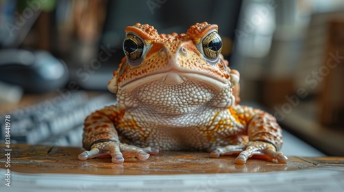Toad is concentrating in front of the computer   Focused Frog Programming Code on Computer. 4K High Definition Wallpaper.