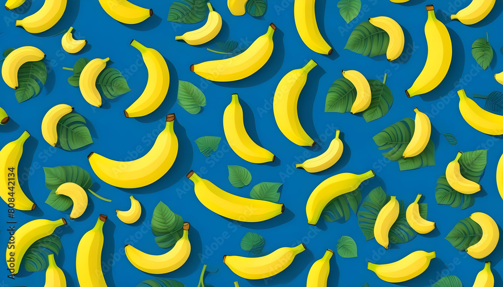 seamless background with yellow bananas with flowers in the blue background seamless background with yellow bananas with flowers in the blue background