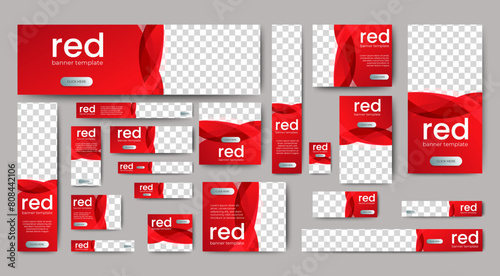 creative web ad banner template design with red background. vector © ahmad