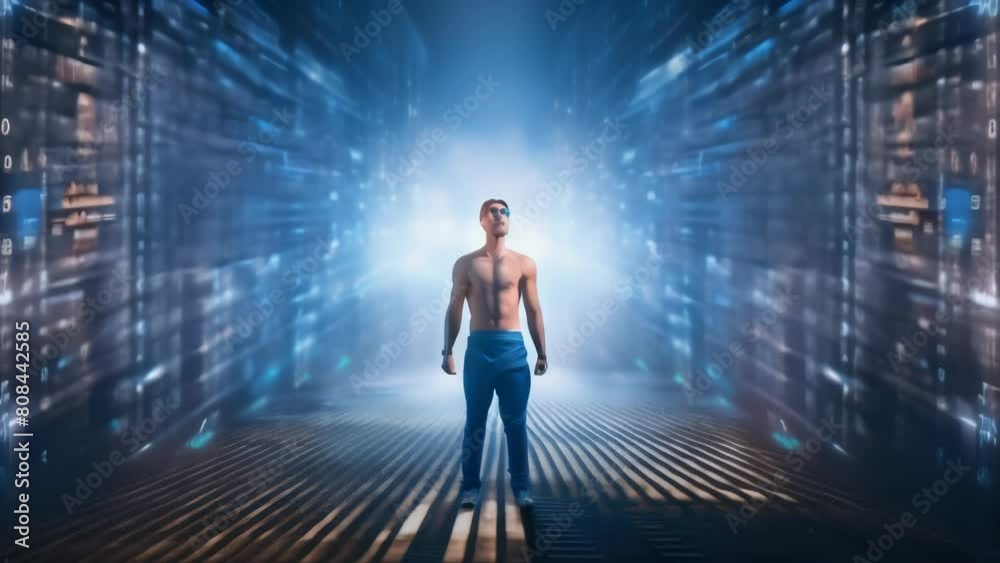 A woman walks towards a bright light at the end of a path, surrounded by flowing binary code, symbolizing the journey into the digital future.
A woman walks towards a bright light at the end of a path, surrounded by flowing binary code, symbolizing the journey into the digital future.