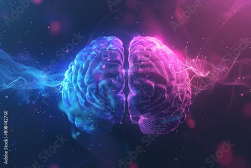 3D rendering of the left and right brain in an abstract background with digital elements, symbolizing intelligence or creativity. Light purple and blue color theme, blurred dark background. photo