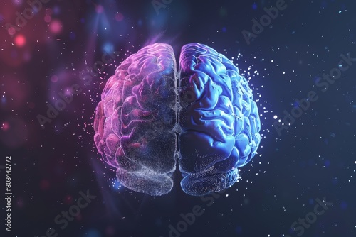 3D rendering of the left and right brain in an abstract background with digital elements, symbolizing intelligence or creativity. Light purple and blue color theme, blurred dark background. photo