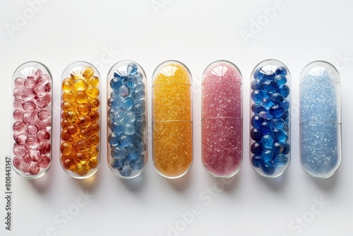 pills in different colors on white background photo