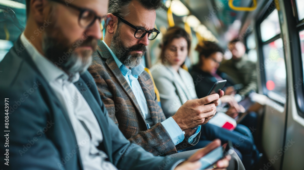 During their commute, European commuters catch up on news and emails using their smartphones, staying connected and productive while on the move During their commute, European commuters catch up on news and emails using their smartphones, staying connected and productive while on the move