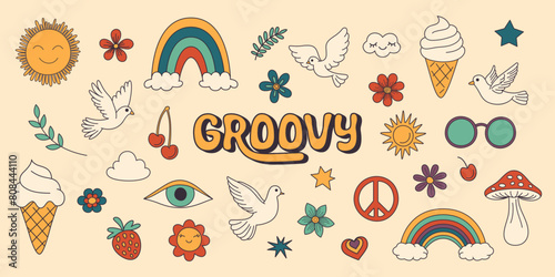 Vector Vintage Groovy Icons and Design Elements for Poster, Sticker Design. Retro Symbol in Hippie 70s Style, Mushroom, Flowers, Eye, Anti-War Peace Symbols. Vector Illustration