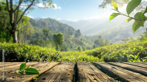 close-up Wooden table in front of a view of a tea plantation with mountains in the background