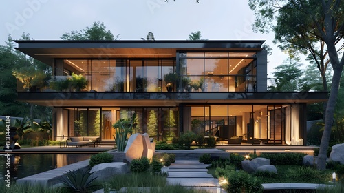 An ultra-modern cubic villa with a transparent glass exterior, showcasing a front yard with a contemporary sculpture and low-lying succulents. © Love Mohammad