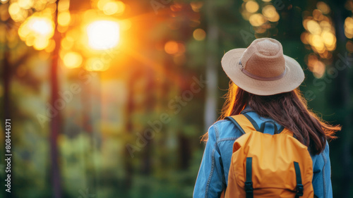 A woman wearing a straw hat and a yellow backpack is walking through a forest © Tatiana