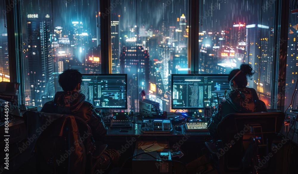 High-tech control room with advanced computer screens displaying real-time data, two busy hackers working in the foreground, a dark and mysterious atmosphere.