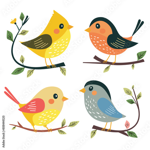 Cartoon birds perched branches, colorful feathers, cute avian characters. Four stylized songbirds illustration, naturethemed design, whimsical wildlife art. Vector birds, yellow blue orange, leaves