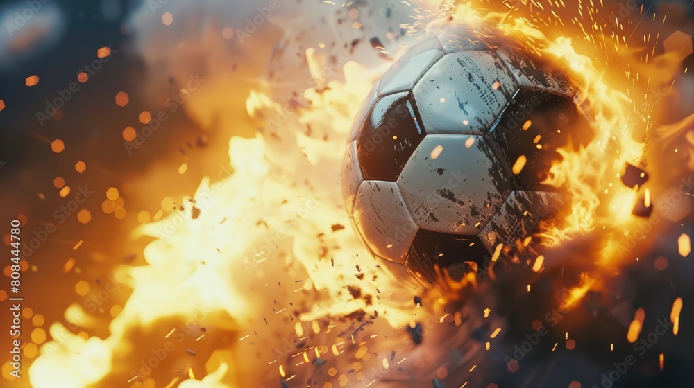 Fototapeta premium A super high velocity soccer ball with fire bursting from it, showcasing speed and intensity, Ai Generated