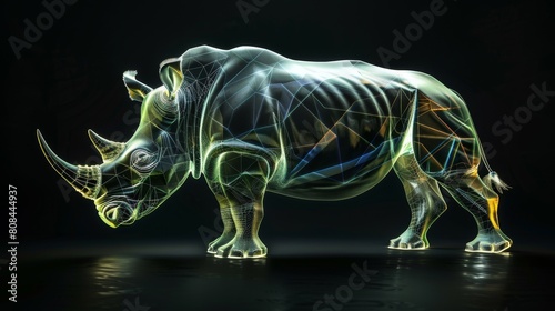 A luminous rhinoceros, glowing softly, appears as a transparent creature, Ai Generated