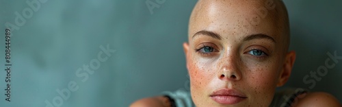 Young bald woman suffering from hair loss after chemotherapy treatment for cancer, black background with space for text on the side，Courageous Woman Embracing Life after Chemotherapy - 4K HD Wallpaper photo