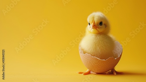 A small yellow chicken peeks out of a shell on a yellow background, Ai Generated