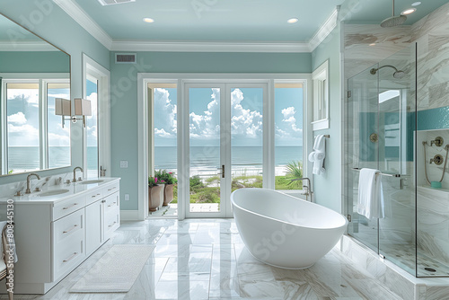 Wide-angle view of a luxurious coastal retreat bathroom  featuring a freestanding tub and frameless glass shower in ocean-inspired blue and white tones.