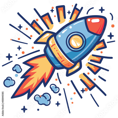 Bright cartoon rocket ship blasting off into space surrounded stars, clouds, speed lines indicating rapid movement. Colorful spacecraft design featuring primary blues, yellows, reds captures