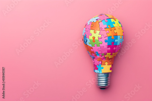 Light Bulb Made Out Of Puzzle Pieces On Pink Background with Copy Space. Imagination Concept